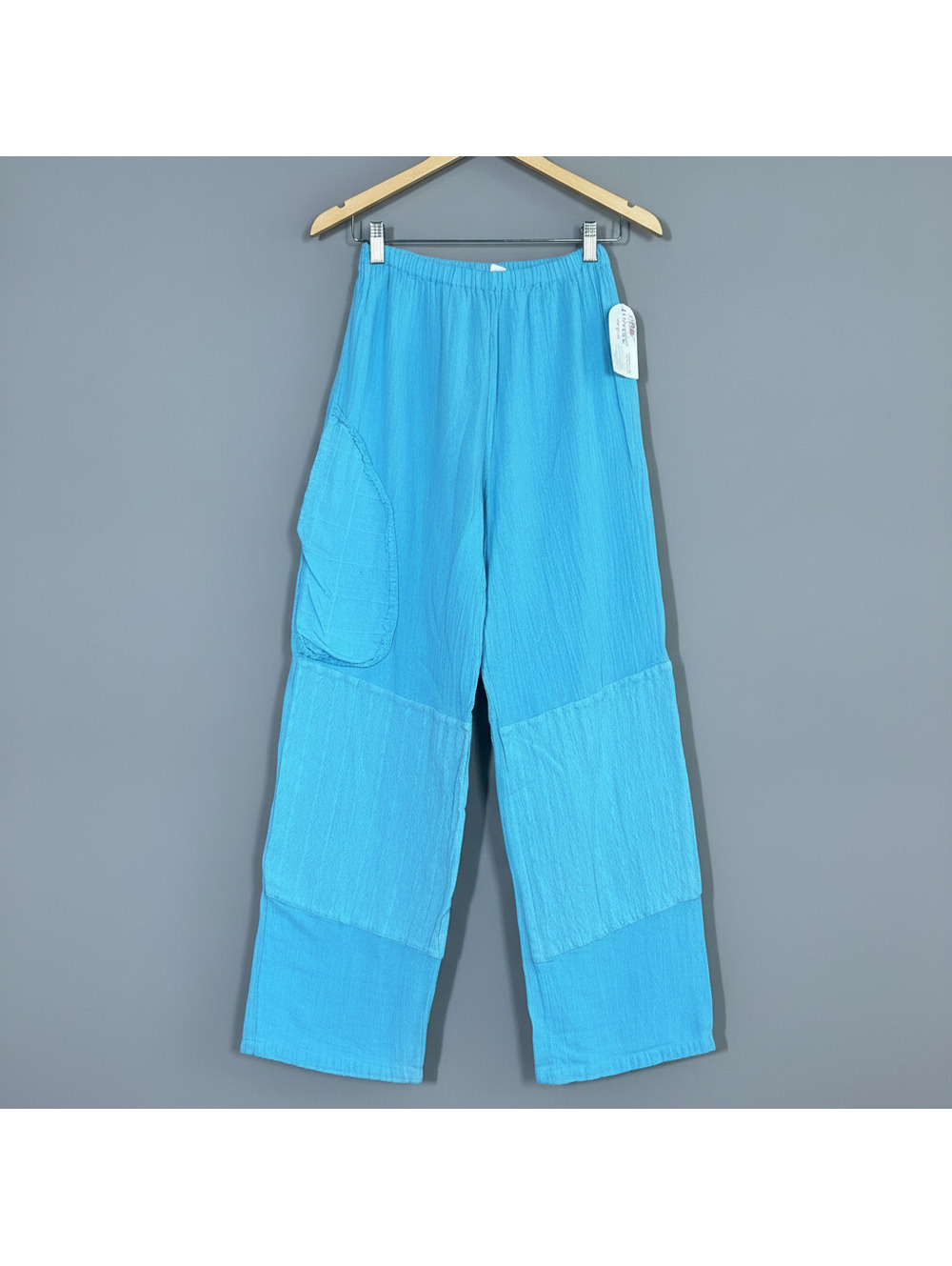 Bohemian Turquoise Blue Coastal Cotton Patchwork Wide Leg Pants Size S Resort
